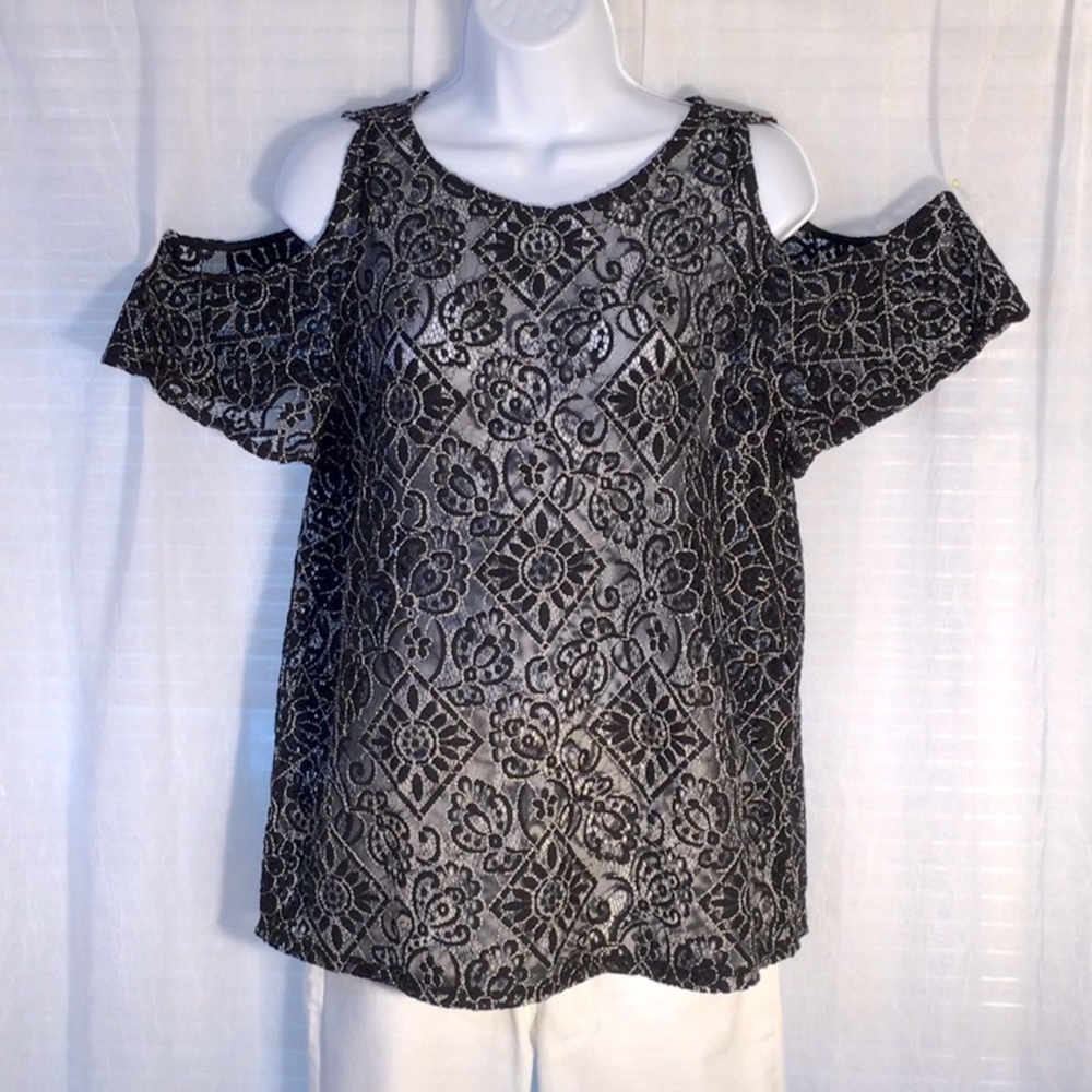 LOFT Lace Cold Shoulder Shear Blouse Sz M